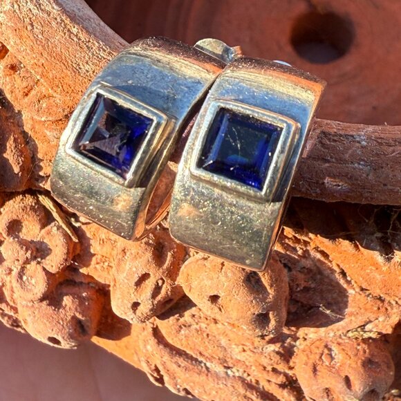 Vintage Sterling Silver & Blue CZ Hoop Pierced Earrings - Picture 2 of 10